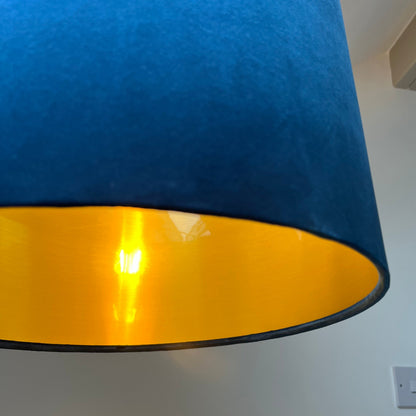 Navy velvet drum lampshade/ ceiling shade with a metallic brushed gold lining