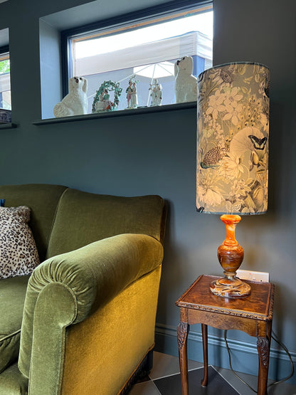 Peacock, butterfly Velvet cylinder lampshade, in grey, extra tall lampshade