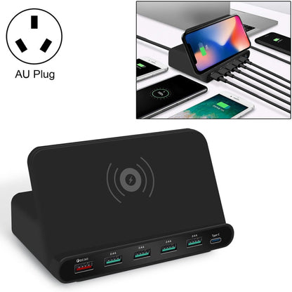 828W 7 in 1 60W QC 3.0 USB Interface + 4 USB Ports + USB-C / Type-C Interface + Wireless Charging Multi-function Charger with Mobile Phone Holder Function, AU Plug, AU Plug Black, AU Plug White