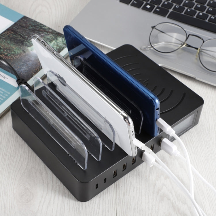 50W 6 USB Ports + 2 USB-C / Type-C Ports + Wireless Charging Multi-function Charger with LED Display & Detachable Bezel, EU Plug, EU Plug