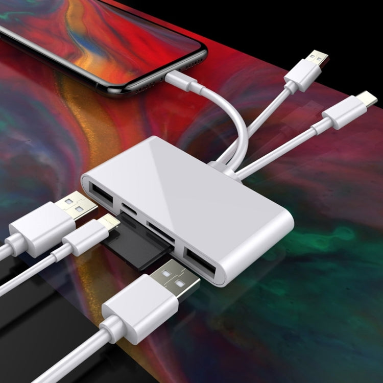 5 in 1 8 Pin + Type-C / USB-C + USB + TF Card + SD Card Multi-function Camera Reader Adapter, 5 in 1