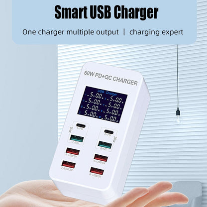 A8T 60W 8 Ports USB + QC3.0 + PD Type-C Smart Charging Station with Digital Display AC100-240V, UK Plug, A8T UK Plug