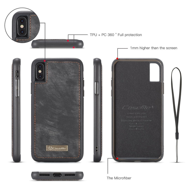 For iPhone X / XS CaseMe-008 TPU + PC Magnetic Absorption Detachable Back Cover Horizontal Flip Leather Case with Holder & Card Slots & Zipper Wallet & Photo Frame