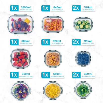 Glass Food Storage Containers with Airtight Lids - Assorted Sizes – 12 PACK