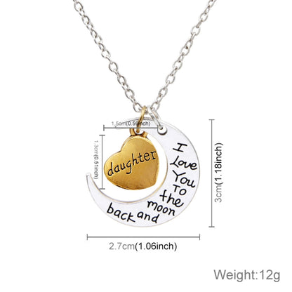 Half-Moon-Shaped Alloy Plated Pendant Necklace With Greetings Engraved At The Backside For Family, Diameter 3cm, Perimeter 9.4cm(Silver+Gold For daughter), For daughter
