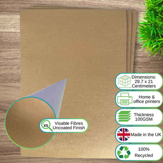 Recycled Kraft Paper A4 - 100gsm Brown for Art, Crafts, School Projects & Menus