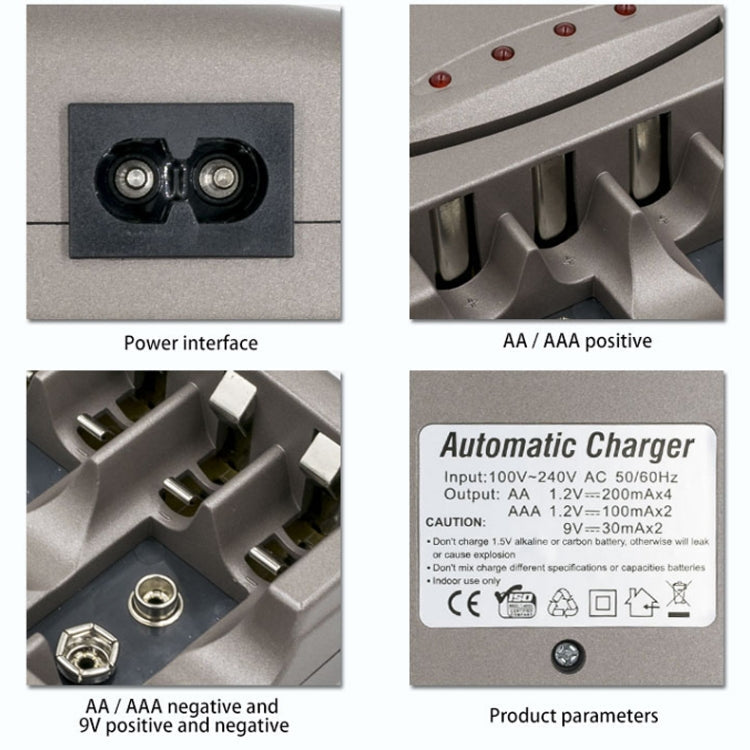 AC 100-240V 4 Slot Battery Charger for AA & AAA & 9V Ni-MH Battery, EU Plug