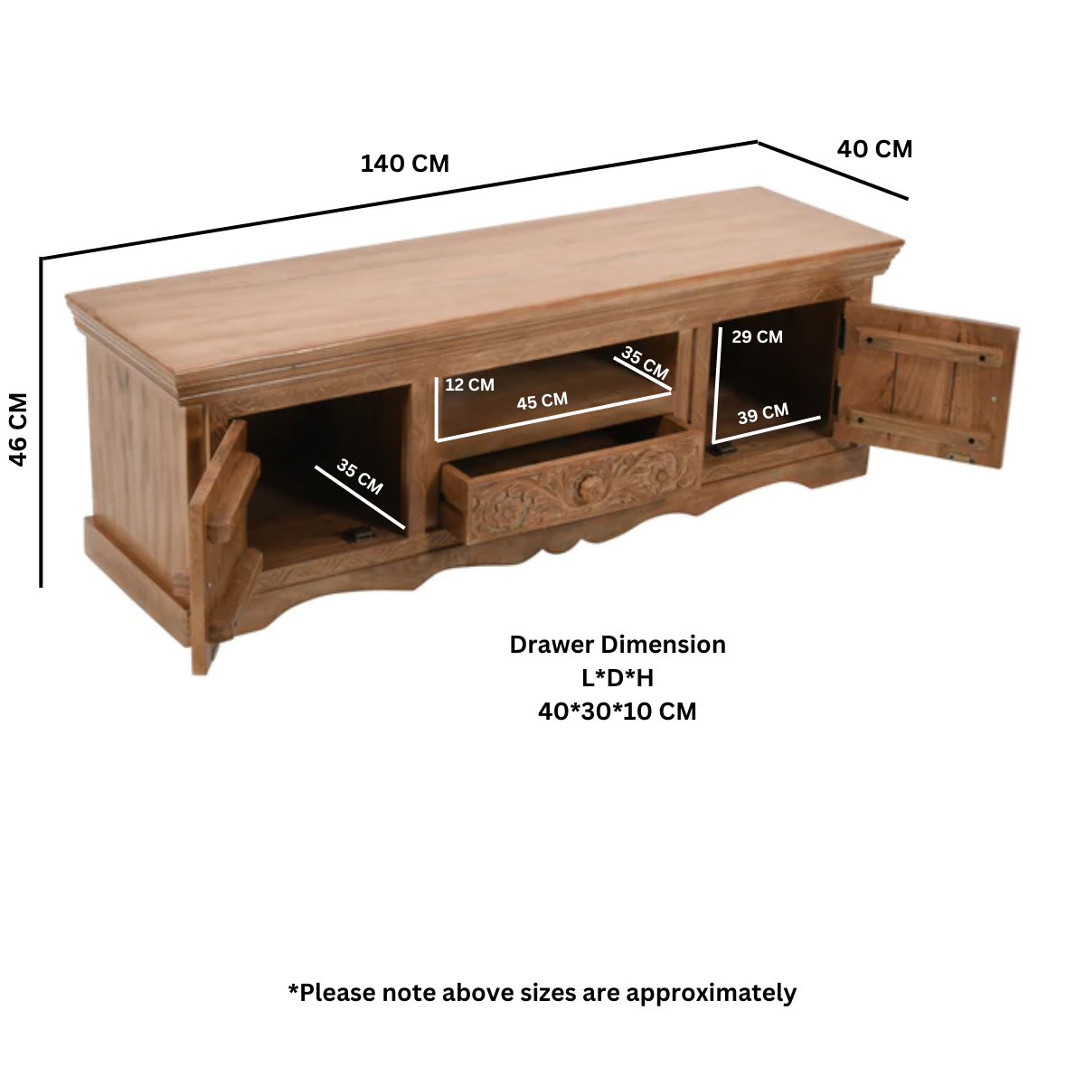 Carved Mango Wood TV Cabinet With 2 Doors, 1 Drawers