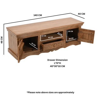 Carved Mango Wood TV Cabinet With 2 Doors, 1 Drawers