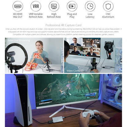 FEEWORLD C4K Video Capture 4K HDMI 60Hz In and Out USB-C Plug and Play for Streaming Gaming Video Conference