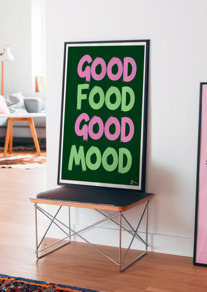 Good Food Good Mood | Pink and Green Bold Maximalist Typographic Kitchen Print
