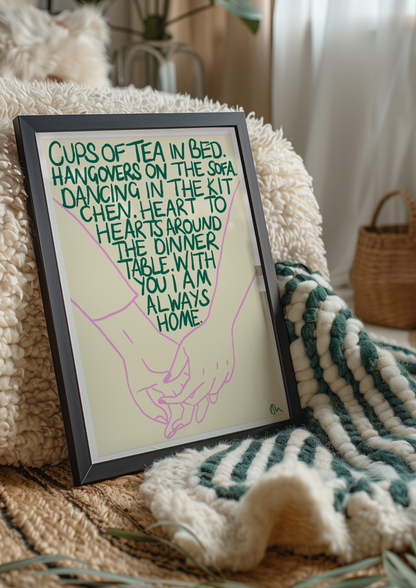 Cups of Tea in Bed | Green and Lilac Hand Drawn Living Room Bedroom Bold Food and Drink Print