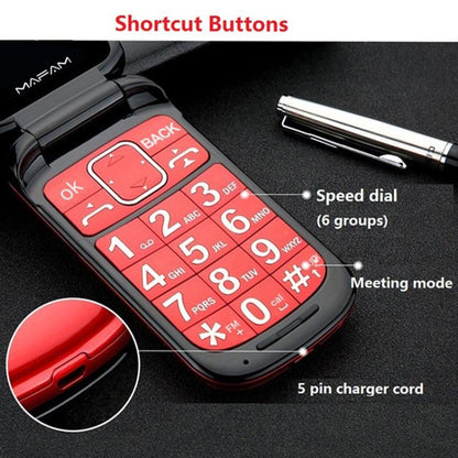 Mafam F899 Flip Phone, 2.4 inch, 32MB+32MB, Support FM, SOS, GSM, Family Number, Big Keys, Dual SIM, EU Plug, EU Plug