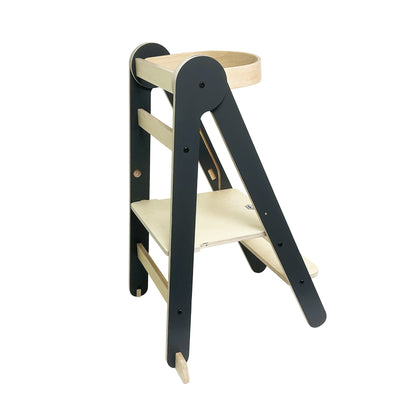 MamaToyz Folding Learning Tower Natural Beech Wood Montessori Child Safety Platform - Dark Grey / Natural