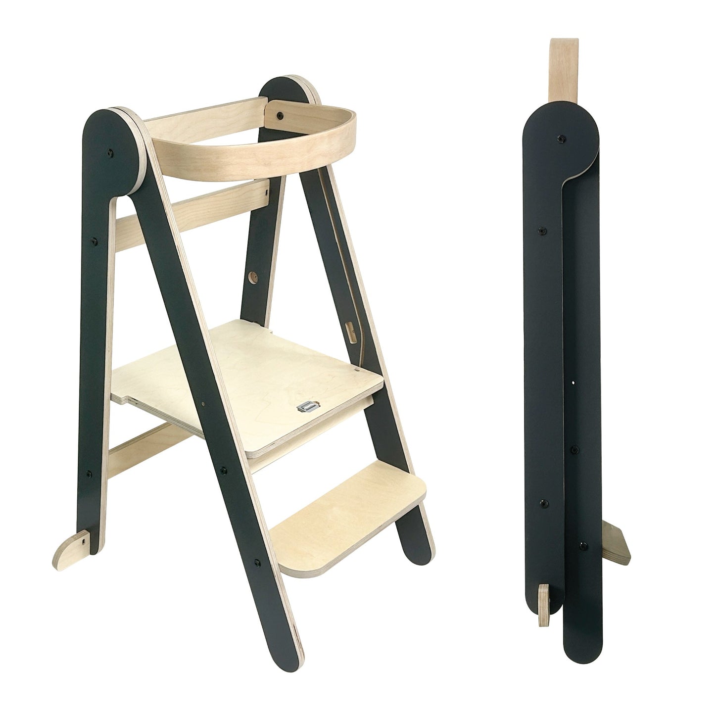 MamaToyz Folding Learning Tower Natural Beech Wood Montessori Child Safety Platform - Dark Grey / Natural
