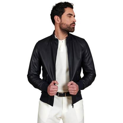 Men’s Blue Leather Bomber Jacket