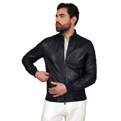 Men’s Blue Leather Bomber Jacket