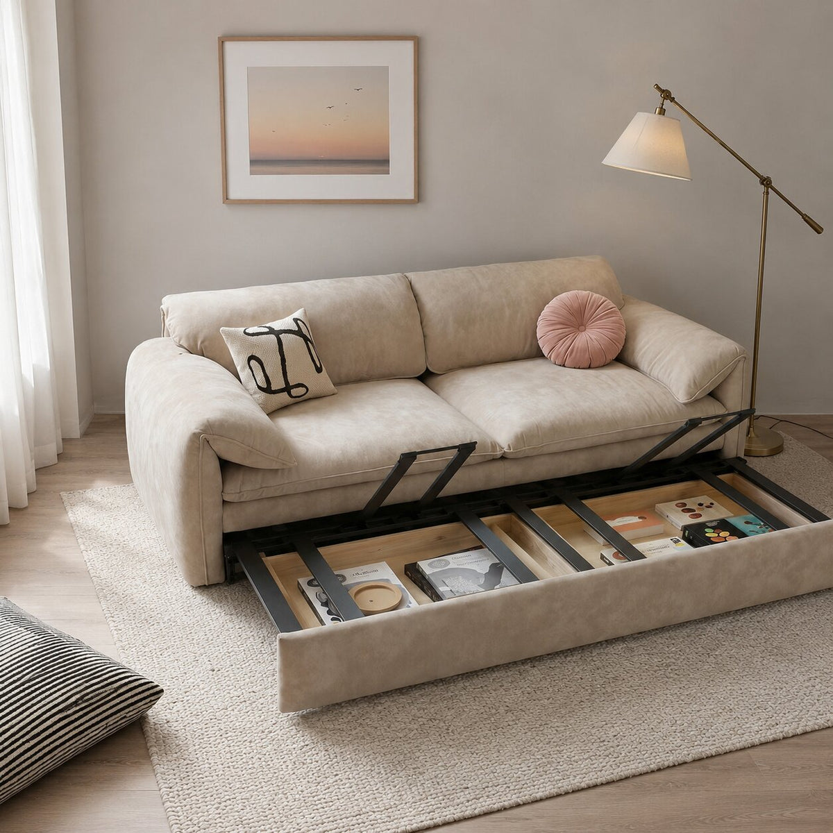Moore Three Seater Sofa Bed With Storage, Suede