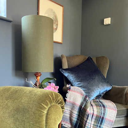Moss Linen Lampshade | Extra Tall Cylinder Ceiling Light Shade | Bespoke Handmade UK