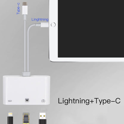 NK-107 Pro 3 in 1 USB-C / Type-C + 8 Pin Male to USB + RJ45 + 8 Pin Charging Female Interface Adapter, NK-107 Pro