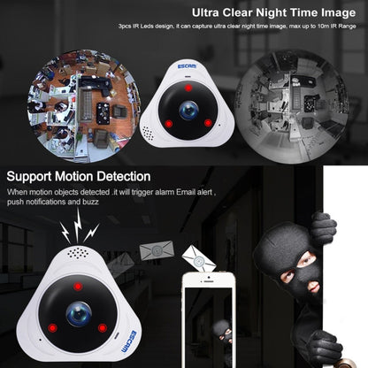 ESCAM Q8 960P 360 Degrees Fisheye Lens 1.3MP WiFi IP Camera, Support Motion Detection / Night Vision, IR Distance: 5-10m, AU Plug, Q8 UK Plug, Q8 US Plug, Q8  AU Plug, Q8 EU Plug
