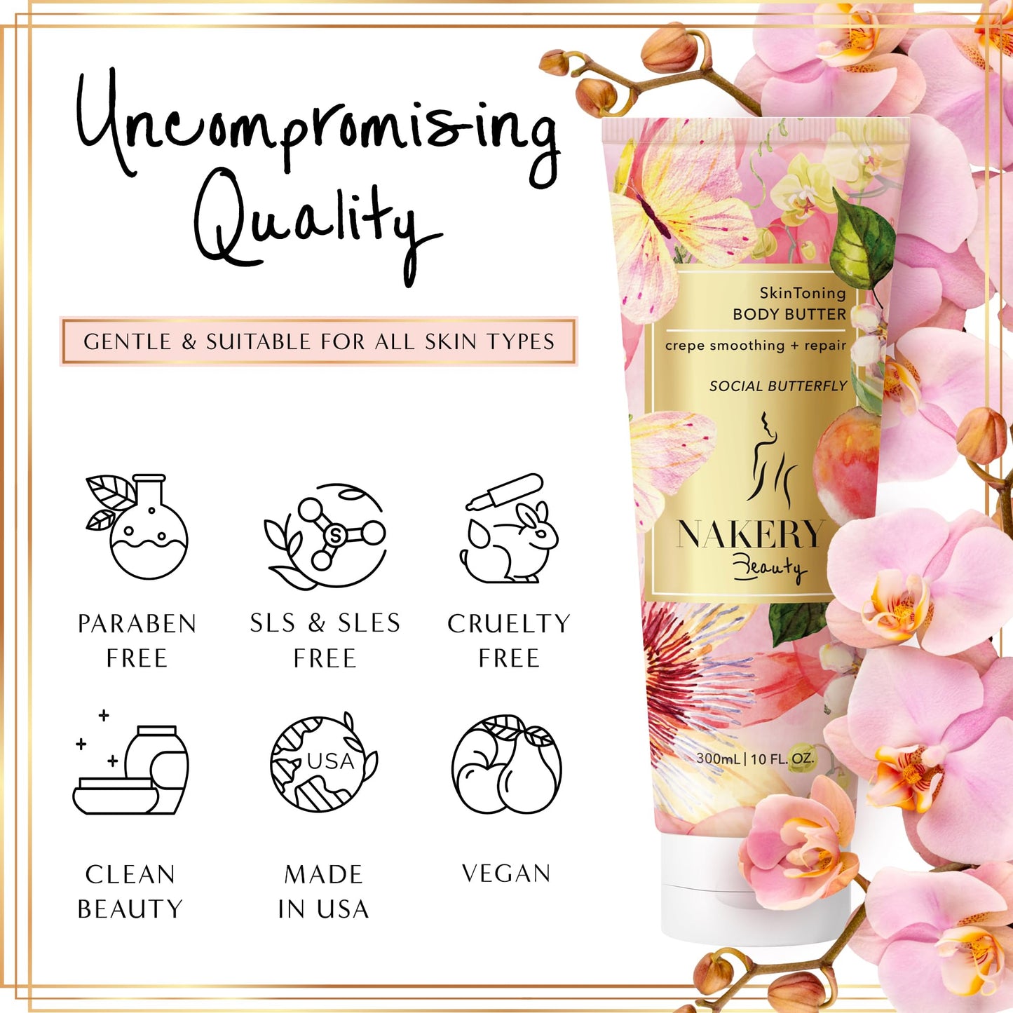 Nakery Body Butter Anti-Aging Moisturizer – Skin Tightening & Neck Firming Cream for Dry Skin, 300ml (Social Butterfly)