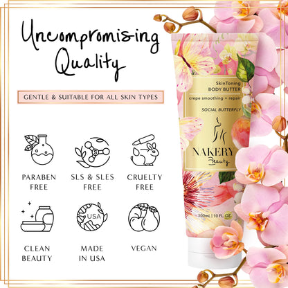 Nakery Body Butter Anti-Aging Moisturizer – Skin Tightening & Neck Firming Cream for Dry Skin, 300ml (Social Butterfly)