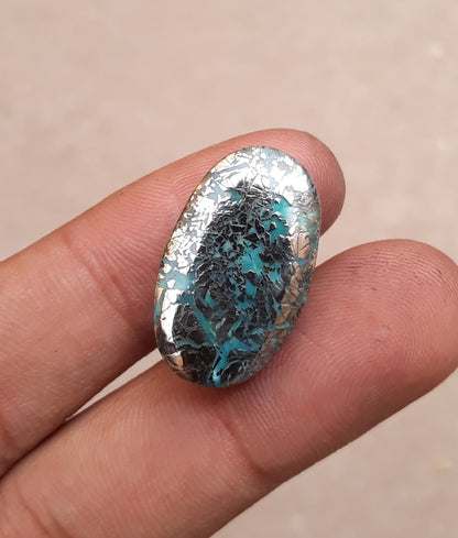 Natural Certified Turquoise with Pyrite - Blue Matrix Turquoise - Shajri Feroza-23.2Ct-25x15mm