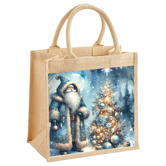 Nordic Santa and Blue Christmas Tree Jute Shopping Bag