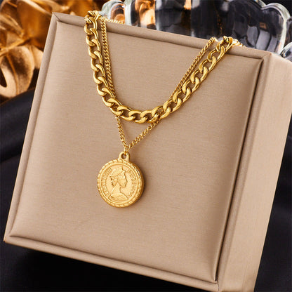 Geometric Portrait Coin Pendant Necklace