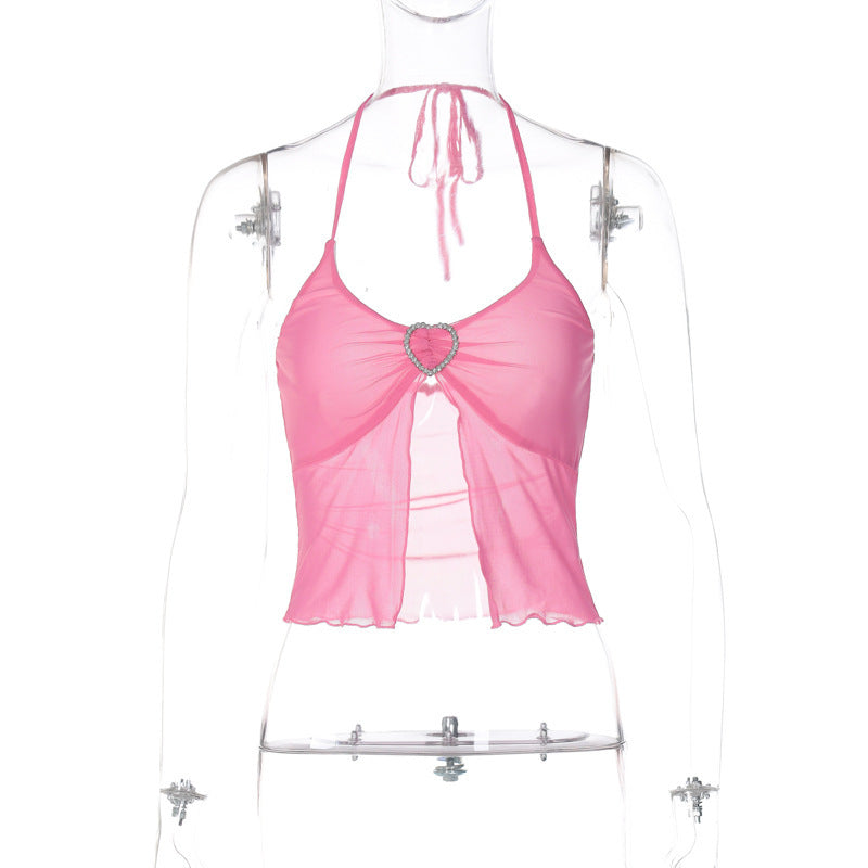 Sexy Pink Mesh Halter Top – Chest-Wrapped Crop Vest with Sheer Stitching