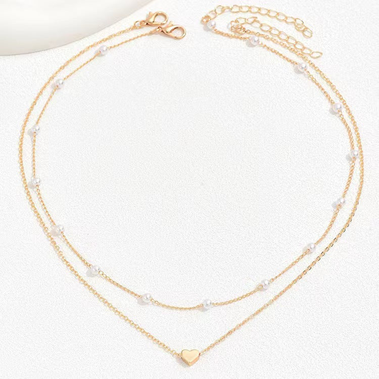 Double Layer Twin Pearl Heart Necklace