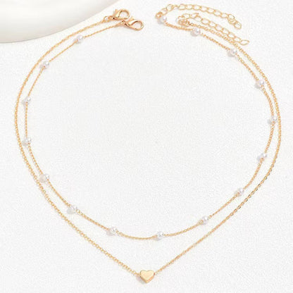 Double Layer Twin Pearl Heart Necklace