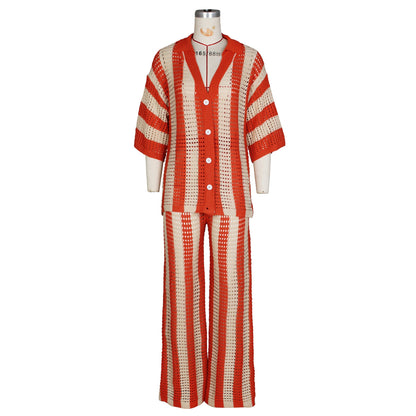 Women's Sexy V-neck Hollow Striped Lapel Knitted Width Blouse And Pants