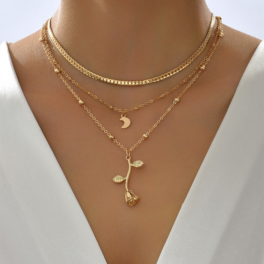 Multilayer Moon & Rose Flower Gold Pendant Necklace