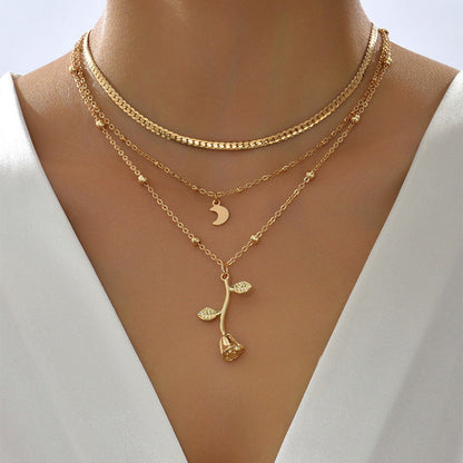 Multilayer Moon & Rose Flower Gold Pendant Necklace