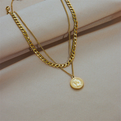 Geometric Portrait Coin Pendant Necklace