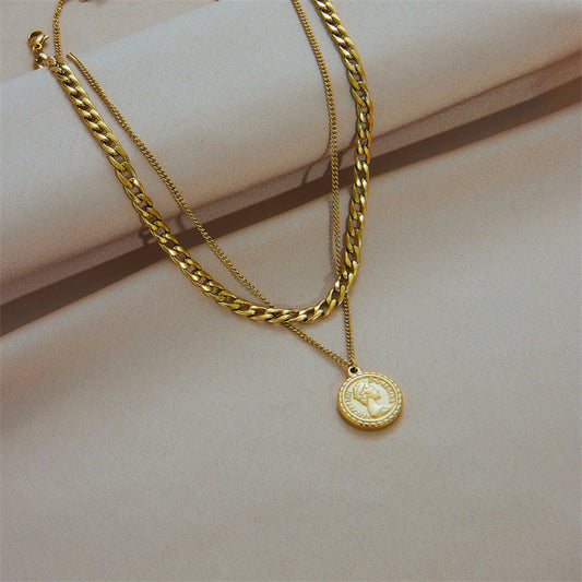 Geometric Portrait Coin Pendant Necklace