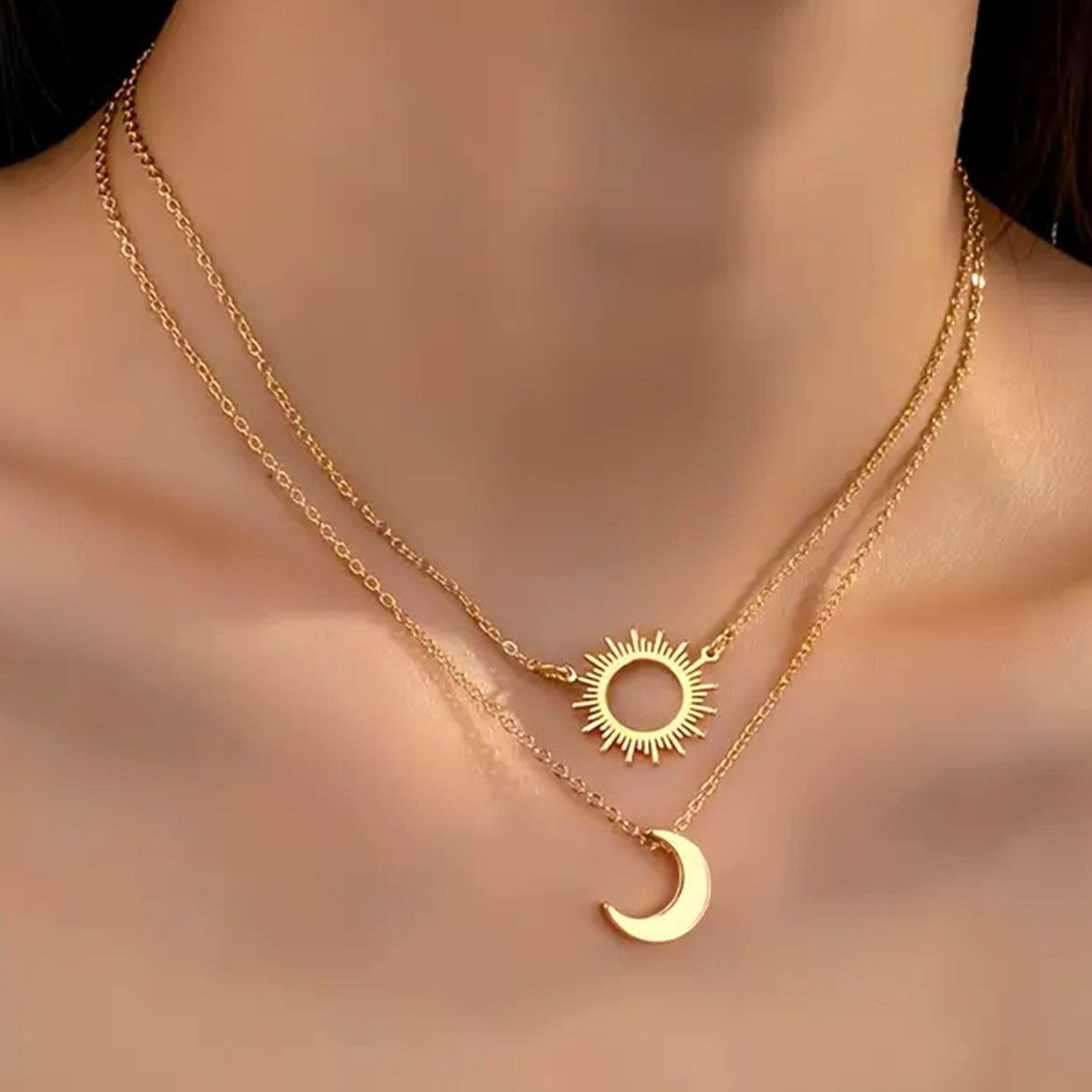 Vintage Sun & Moon Pendant Necklace Set - 2Pc