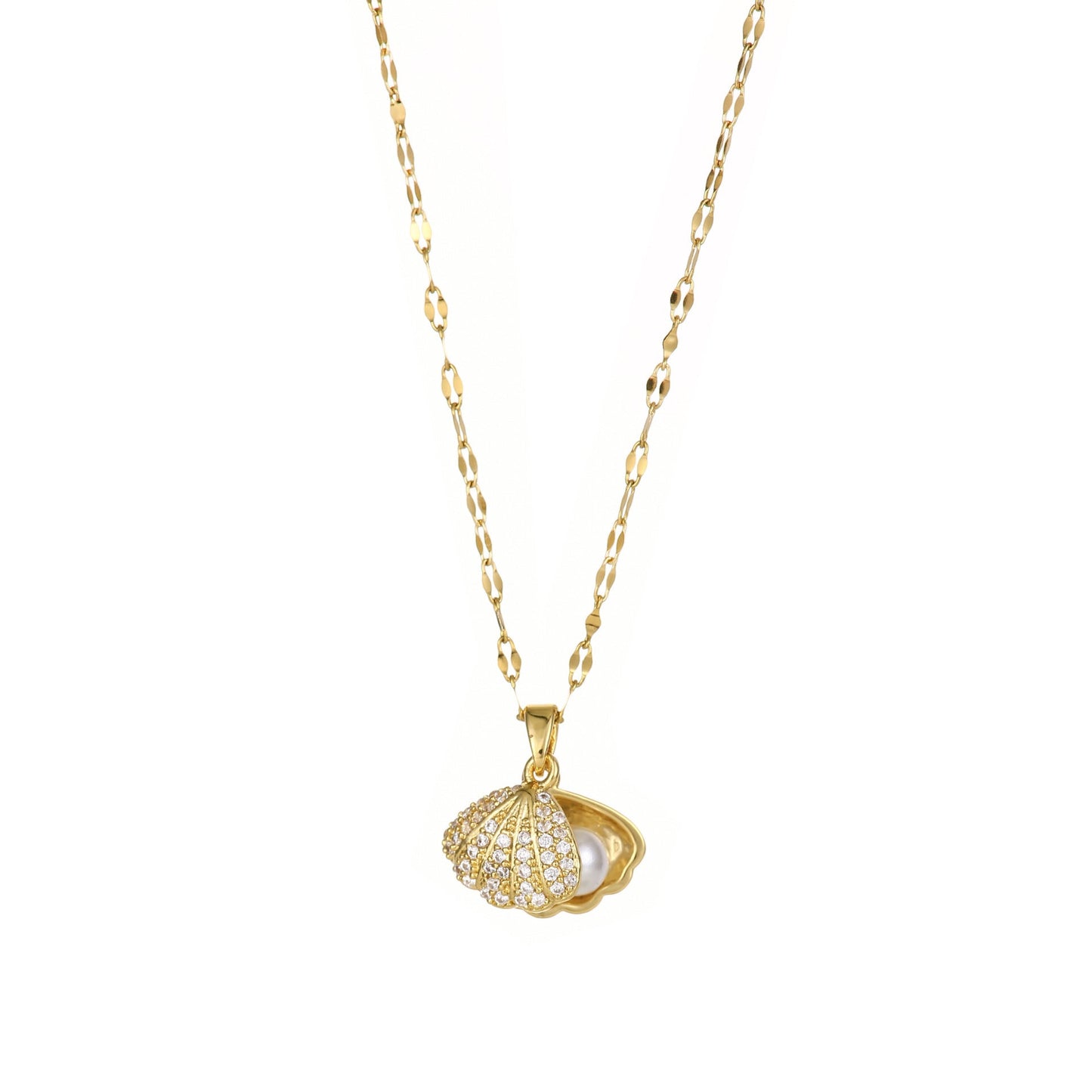 Shell Pearl Necklace With Rhinestones
