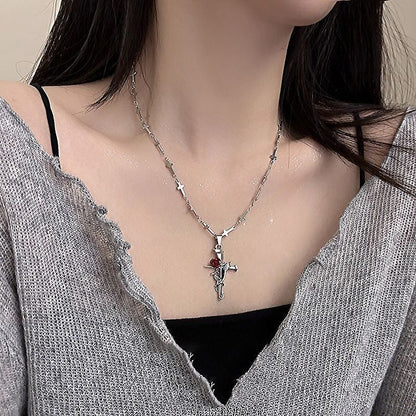 Retro Gothic Rose Thorn Chain Cross