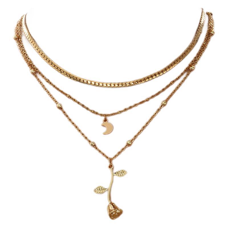 Multilayer Moon & Rose Flower Gold Pendant Necklace