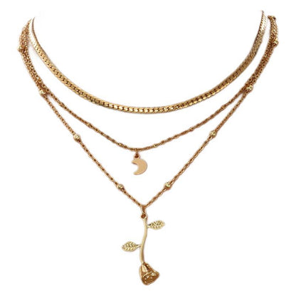 Multilayer Moon & Rose Flower Gold Pendant Necklace