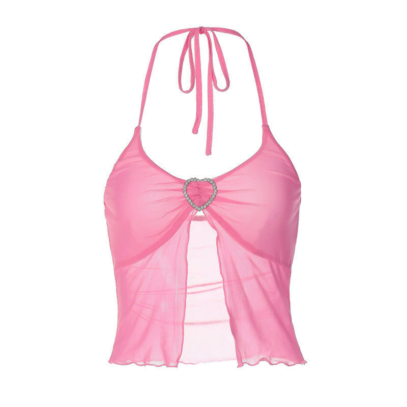 Sexy Pink Mesh Halter Top – Chest-Wrapped Crop Vest with Sheer Stitching