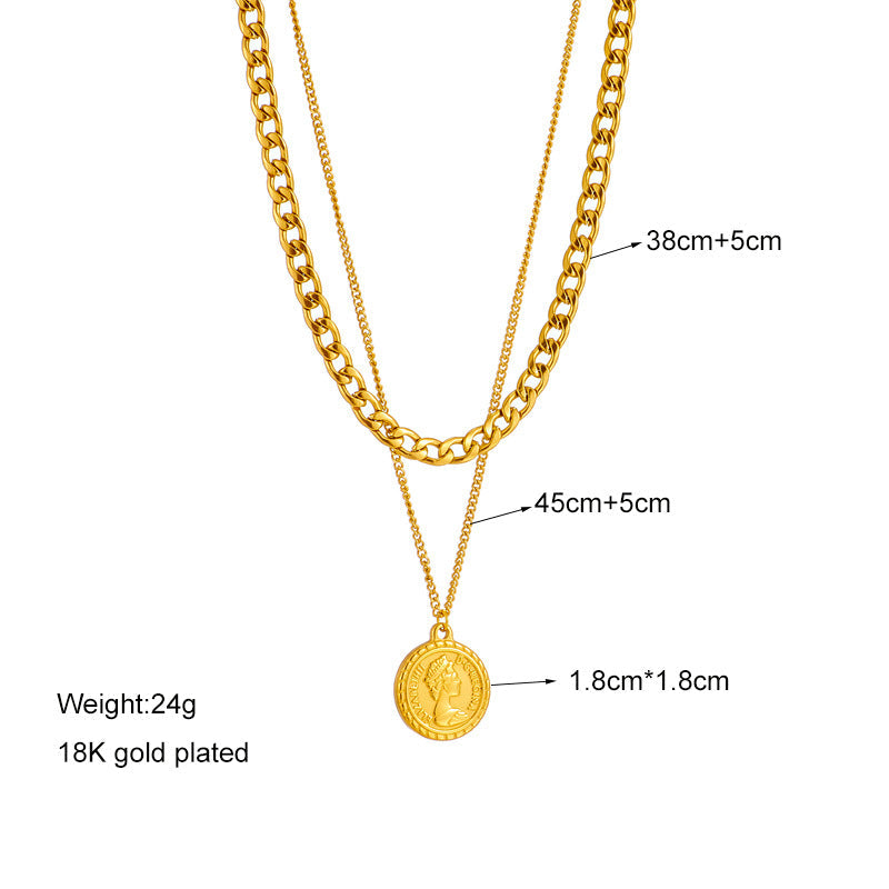 Geometric Portrait Coin Pendant Necklace