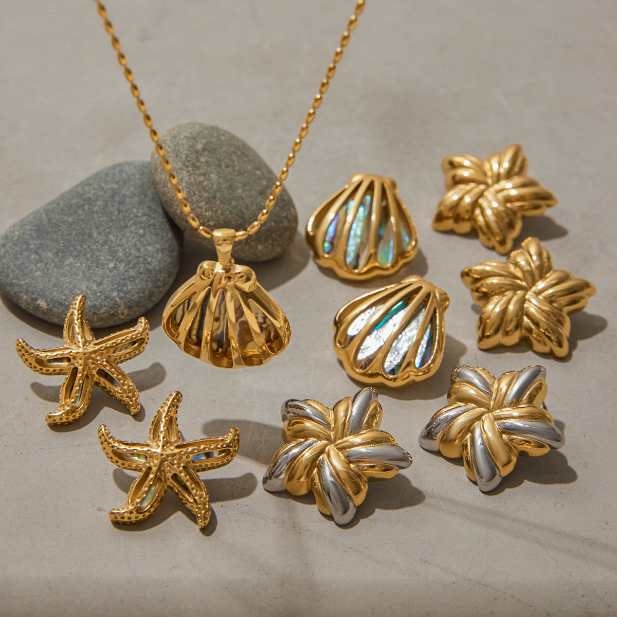 Abalone Shell Titanium Steel Necklace & Ear Stud Set