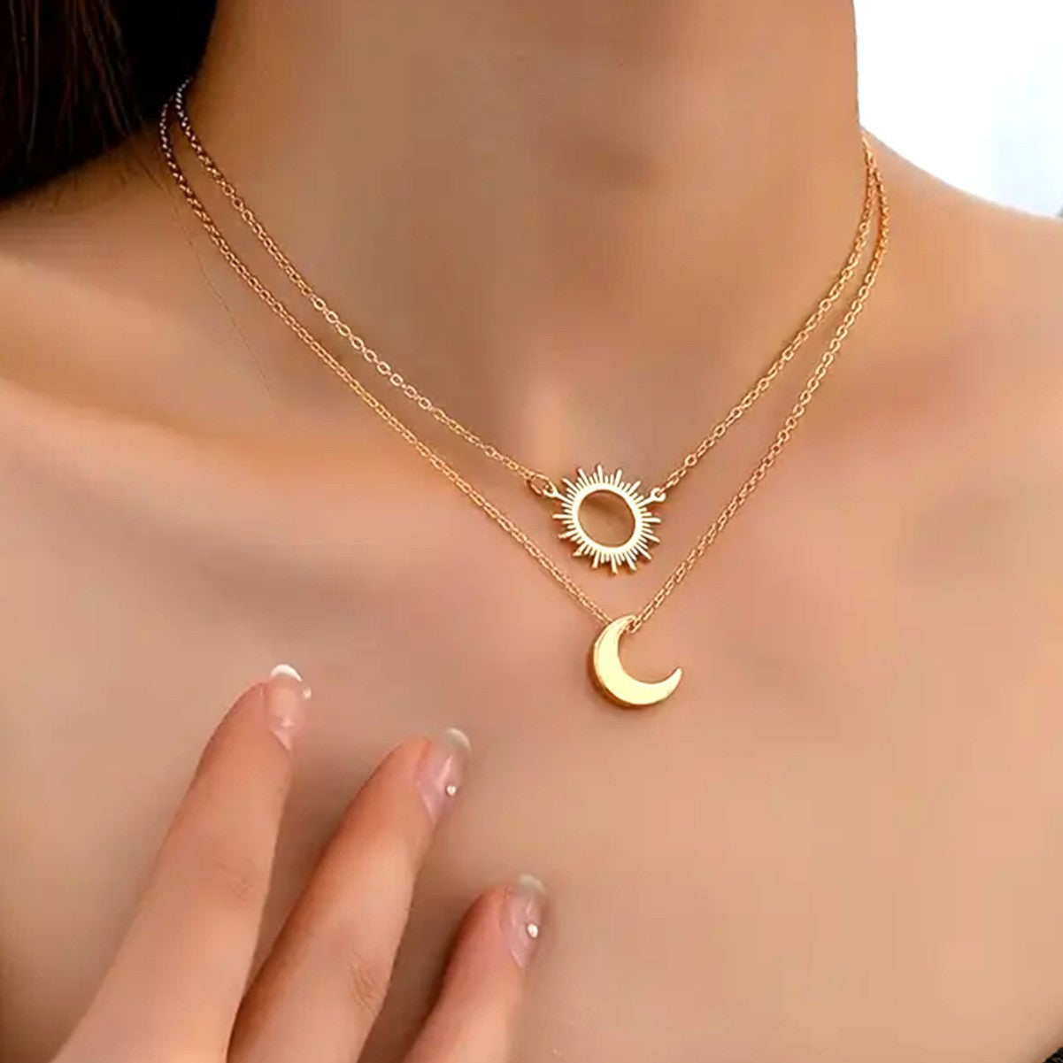 Vintage Sun & Moon Pendant Necklace Set - 2Pc