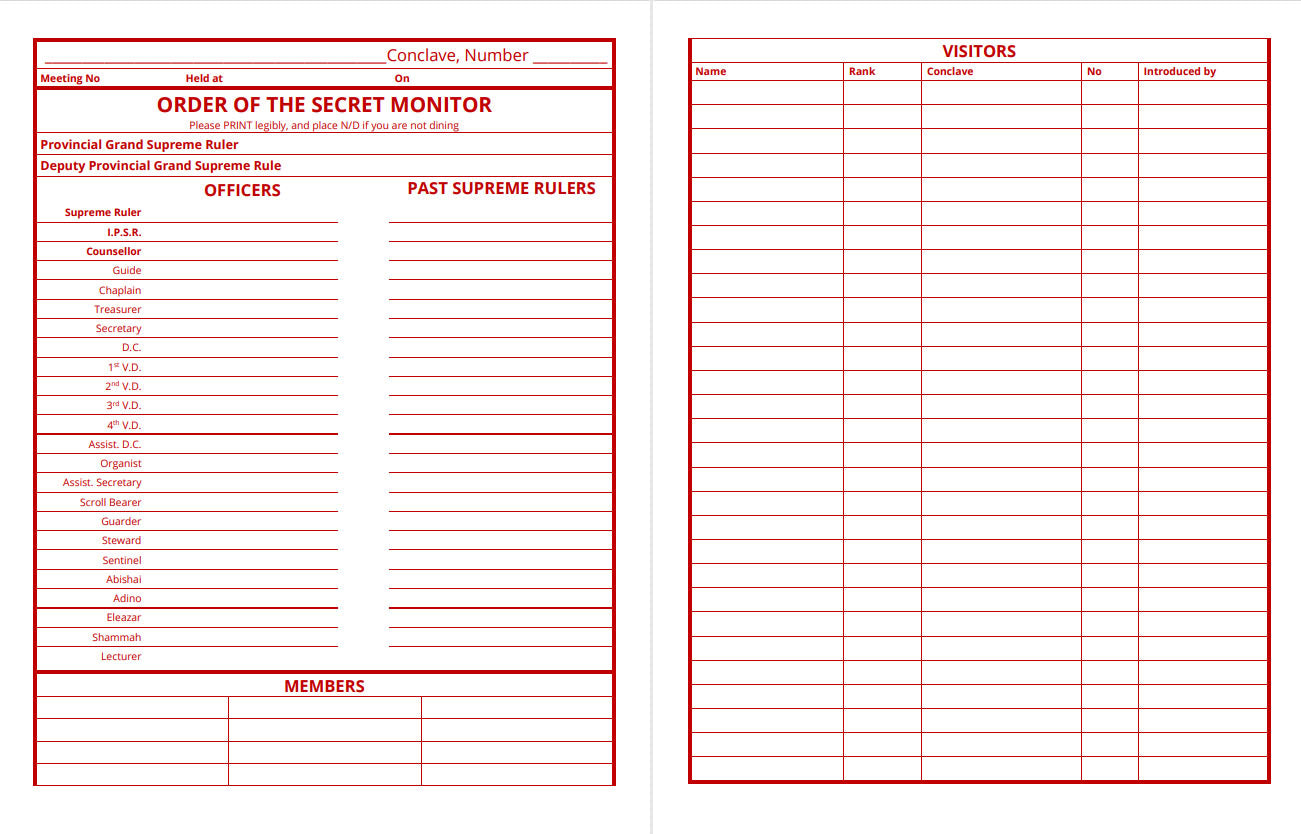 Order of Secret Monitor OSM - Masonic Attendance Book
