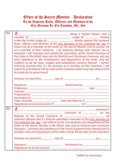 Order of Secret Monitor OSM - Masonic Declaration Book