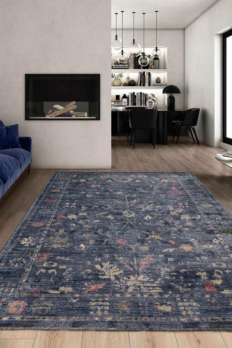 Traditional Floral Vintage Rug – Grey, Blue & Beige Elegance